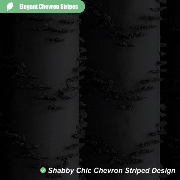 Boho Farmhouse Shower Curtain, Black Fabric Tufted Chevron Striped Textured Tassel Shower Curtains for Bathroom, Water Repellent, Minimalist Ruffled Cloth Shower Curtain Set with Hook, 72x72 - Image 3
