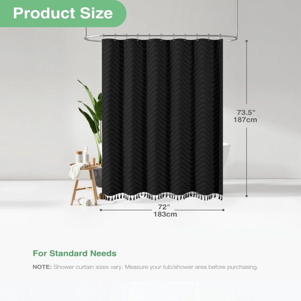 Boho Farmhouse Shower Curtain, Black Fabric Tufted Chevron Striped Textured Tassel Shower Curtains for Bathroom, Water Repellent, Minimalist Ruffled Cloth Shower Curtain Set with Hook, 72x72 - Image 4