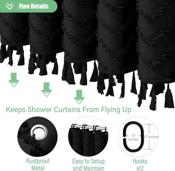 Boho Farmhouse Shower Curtain, Black Fabric Tufted Chevron Striped Textured Tassel Shower Curtains for Bathroom, Water Repellent, Minimalist Ruffled Cloth Shower Curtain Set with Hook, 72x72 - Image 5