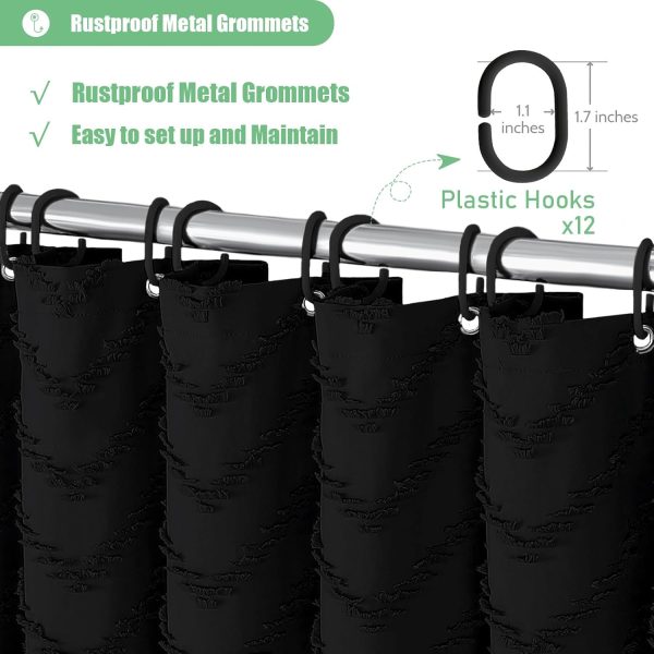 Boho Farmhouse Shower Curtain, Black Fabric Tufted Chevron Striped Textured Tassel Shower Curtains for Bathroom, Water Repellent, Minimalist Ruffled Cloth Shower Curtain Set with Hook, 72x72 - Image 6
