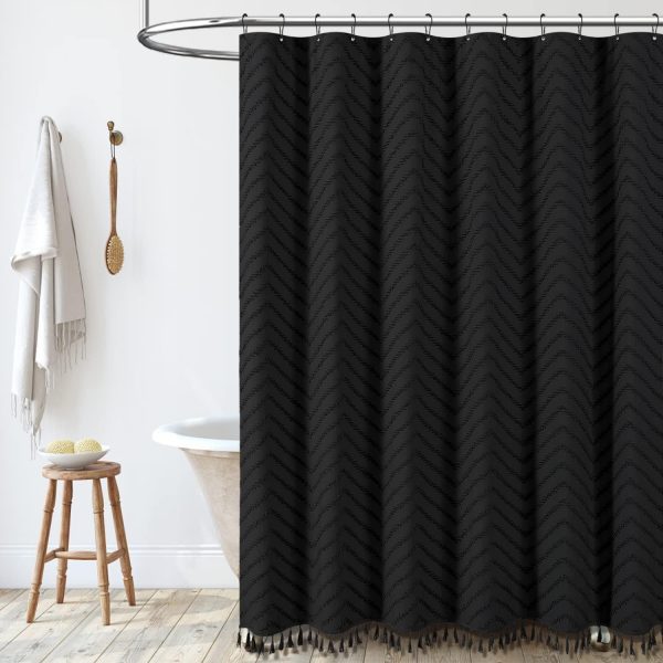 Boho Farmhouse Shower Curtain, Black Fabric Tufted Chevron Striped Textured Tassel Shower Curtains for Bathroom, Water Repellent, Minimalist Ruffled Cloth Shower Curtain Set with Hook, 72x72 - Image 7