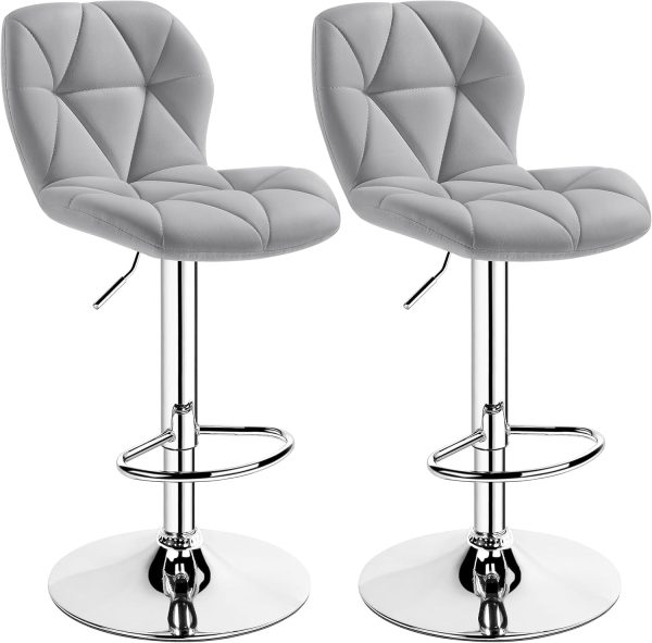 Yaheetech Grey Bar Stools Set of 2, PU Leather Bar Chairs with Backrest, Height Adjustable Swivel Island Stools for Bar, Kitchen Counter, Light Grey