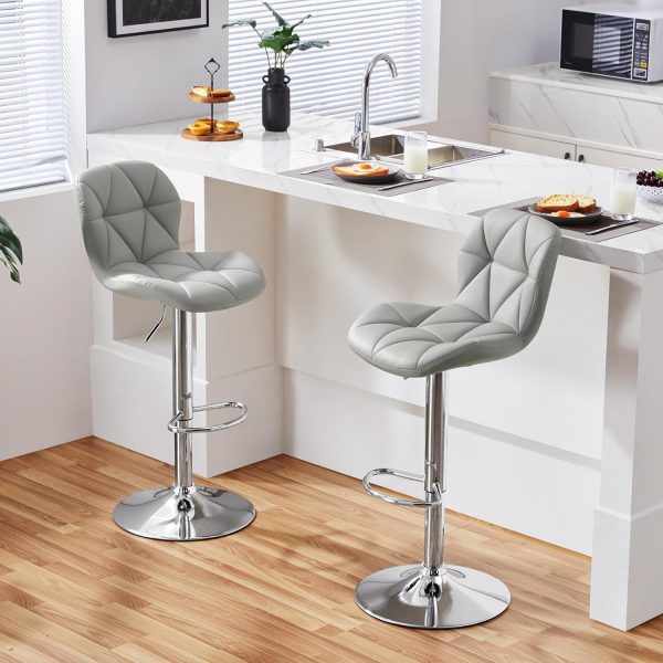 Yaheetech Grey Bar Stools Set of 2, PU Leather Bar Chairs with Backrest, Height Adjustable Swivel Island Stools for Bar, Kitchen Counter, Light Grey - Image 2