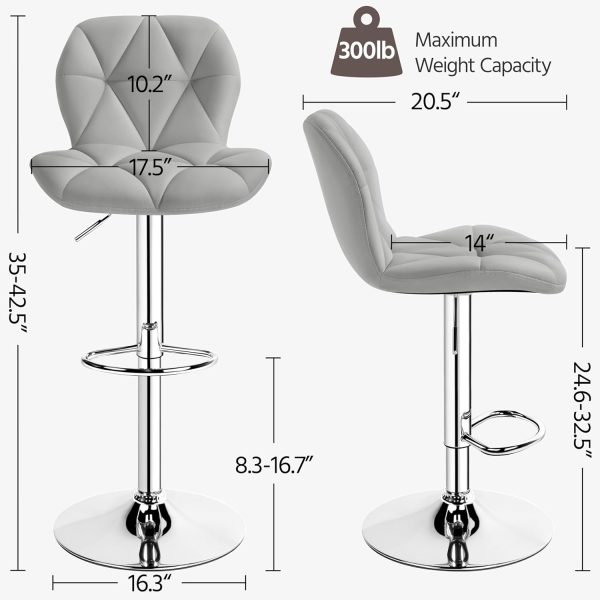 Yaheetech Grey Bar Stools Set of 2, PU Leather Bar Chairs with Backrest, Height Adjustable Swivel Island Stools for Bar, Kitchen Counter, Light Grey - Image 3